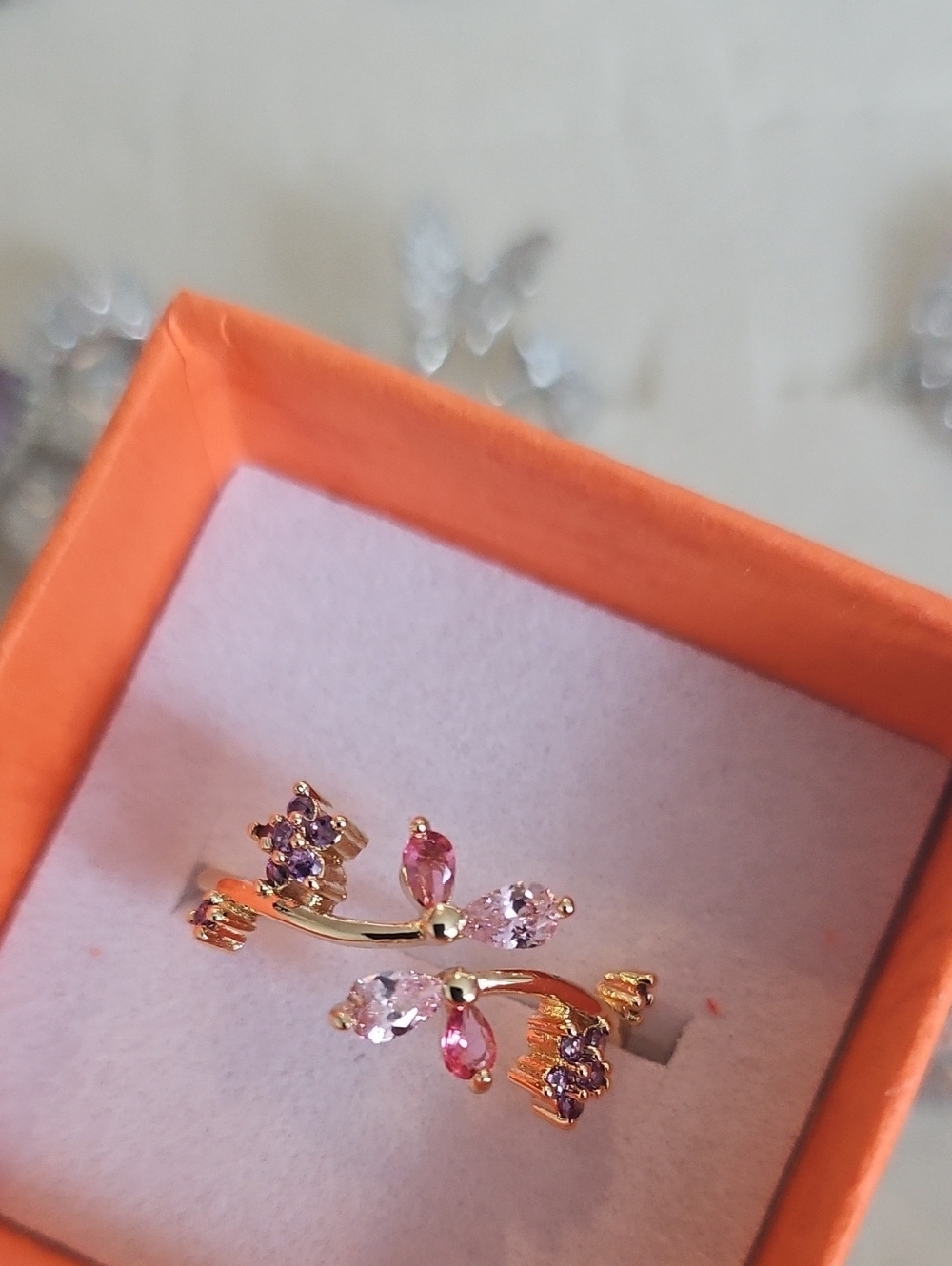 Gold Tone Pink & Purple Gemstone Branch Ring